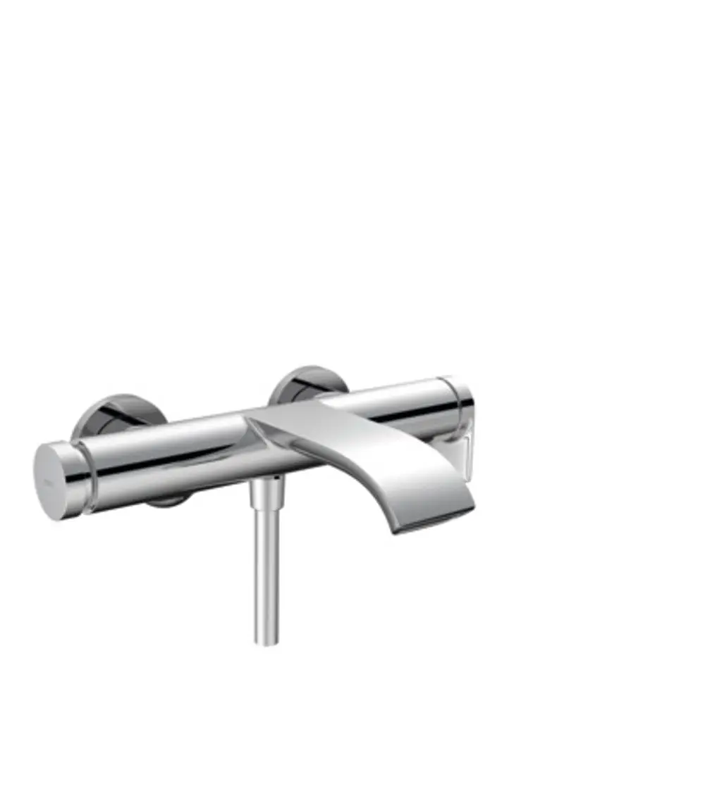 Aufputz-Wannenmischer in Chrom von Hansgrohe mit breiter, flacher Auslauföffnung und zwei runden Bedienelementen an den Seiten.